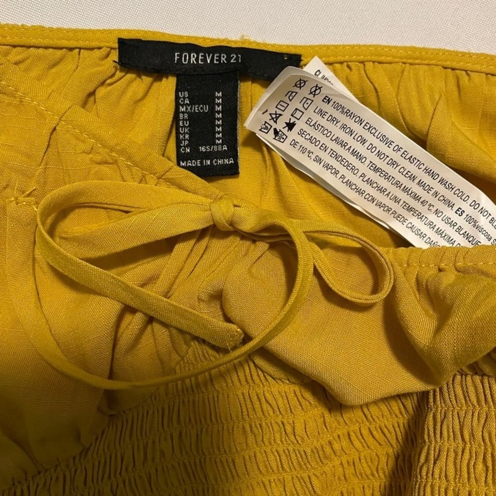Women's Mustard Yellow Smocked Long Sleeve Peasant Crop Top bow‎ front M